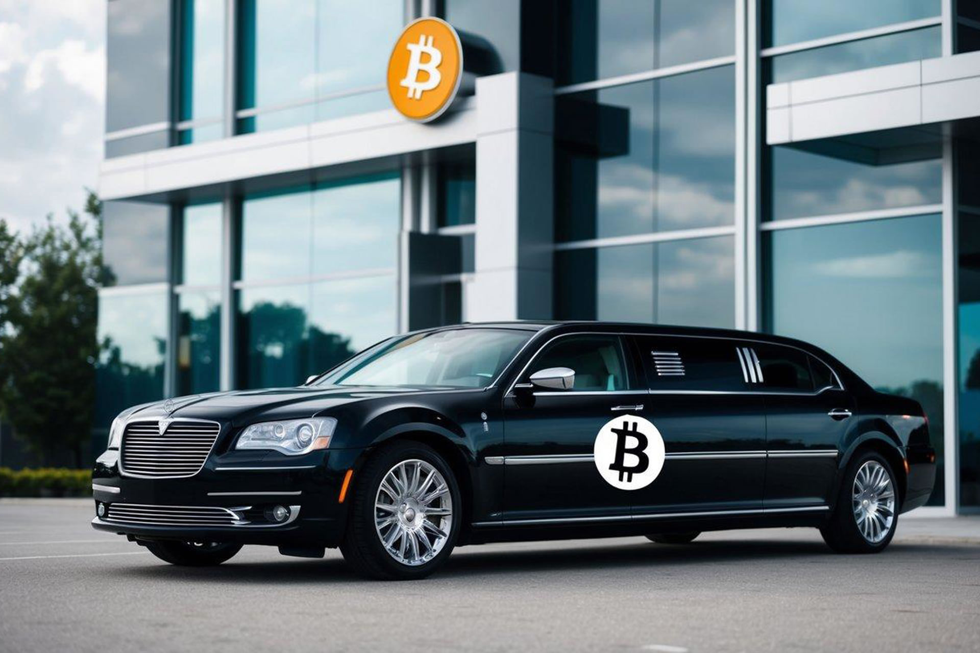 A sleek limousine parked outside a modern building, with a Bitcoin logo displayed prominently on its exterior