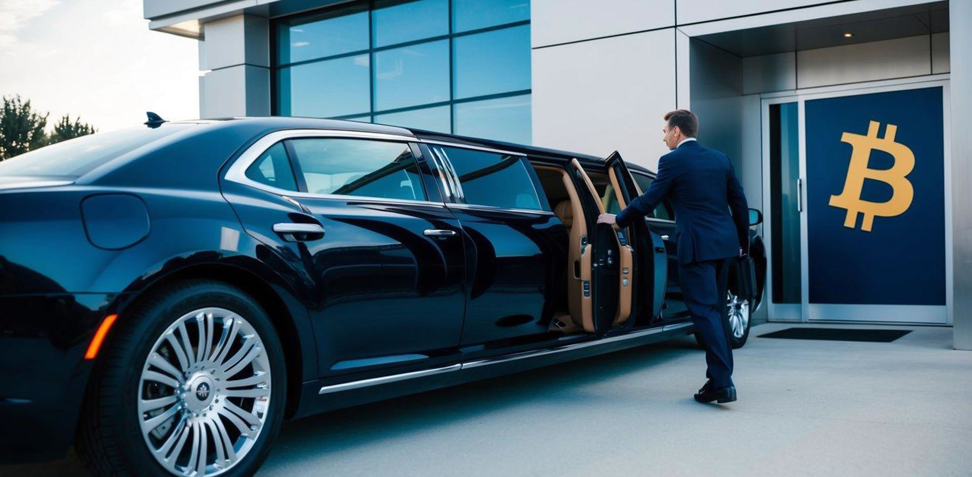 A sleek limousine pulls up to a futuristic building, with a prominent Bitcoin logo on the door. The driver steps out to open the door for a passenger