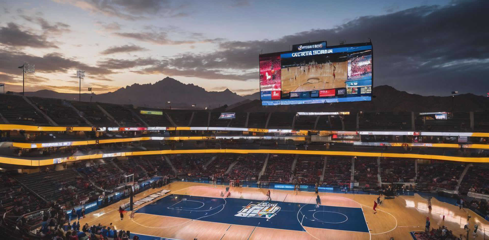 A basketball court in a stadium