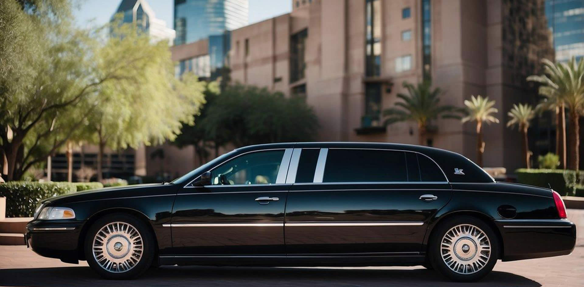 A sleek limousine parked in front of a luxury hotel in downtown Phoenix, with the city skyline in the background and a chauffeur standing nearby