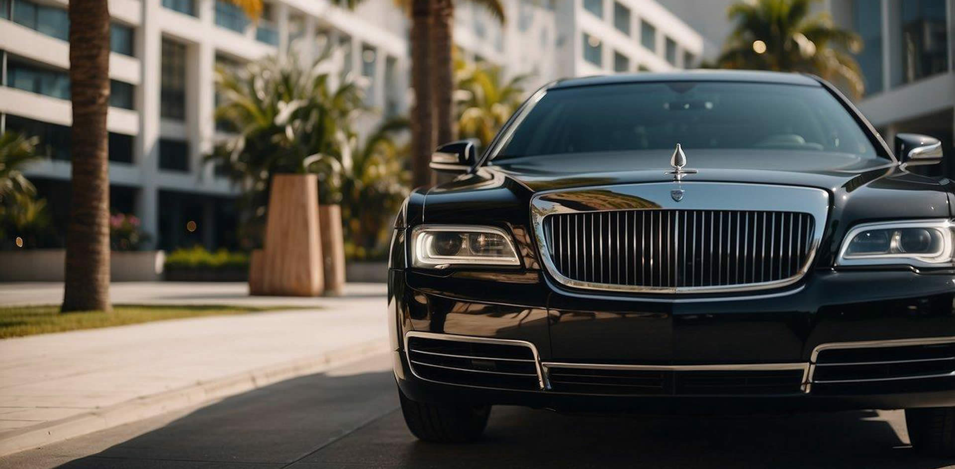 A sleek black limousine parked in front of a luxurious hotel, with a chauffeur standing by the open door, ready to welcome passengers. A city skyline and palm trees in the background