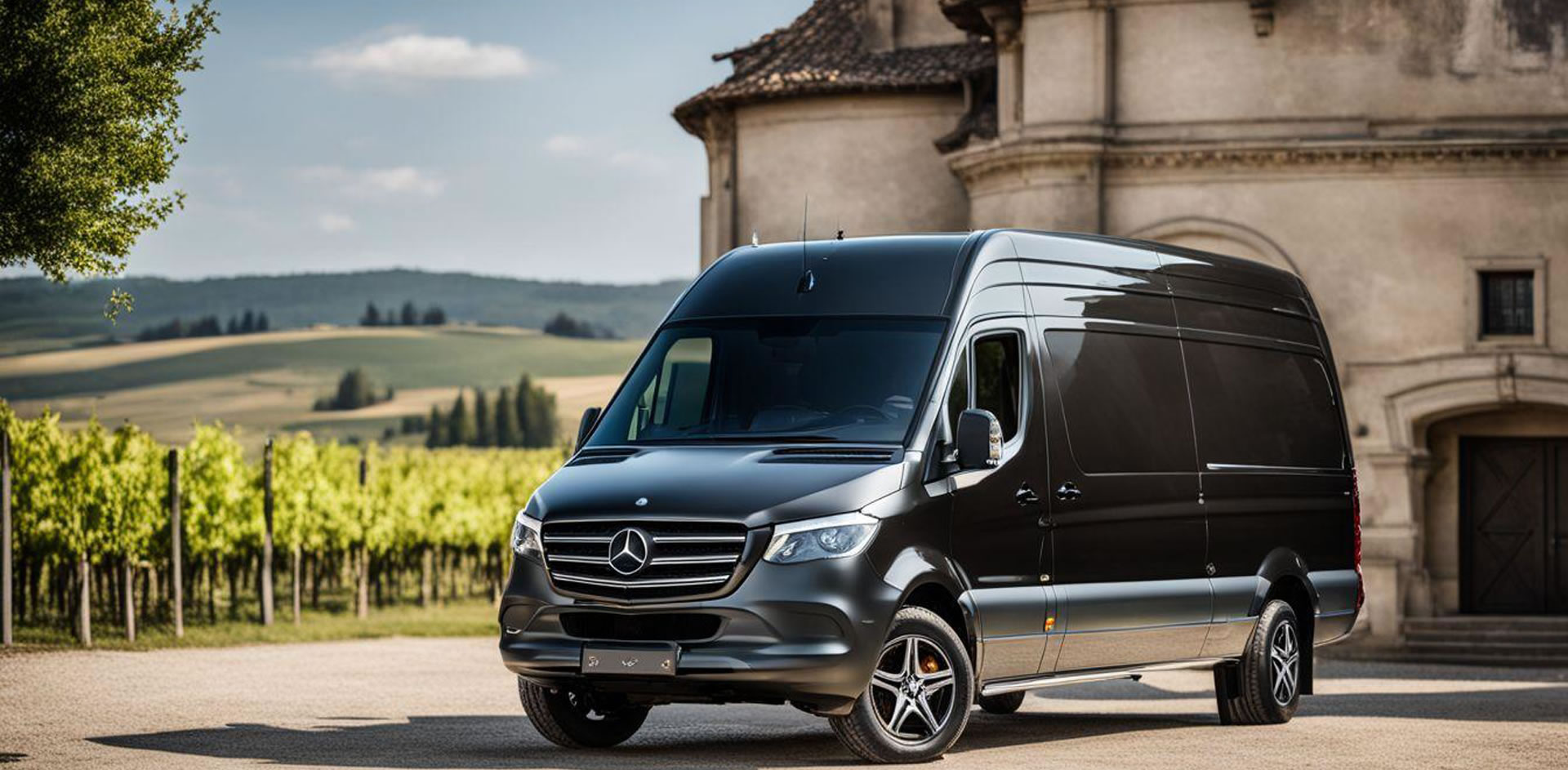 A black van parked in front of a building